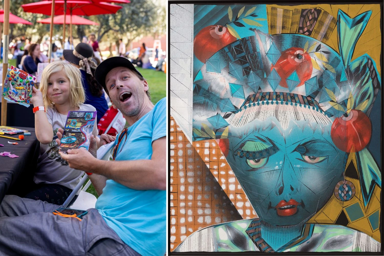 Collage of two photos: photo on the left is of a father and child participating in a former family weekend workshop; photo on the right is a Lari Pittman artwork featuring a blue human figure with flowers and patterns around it